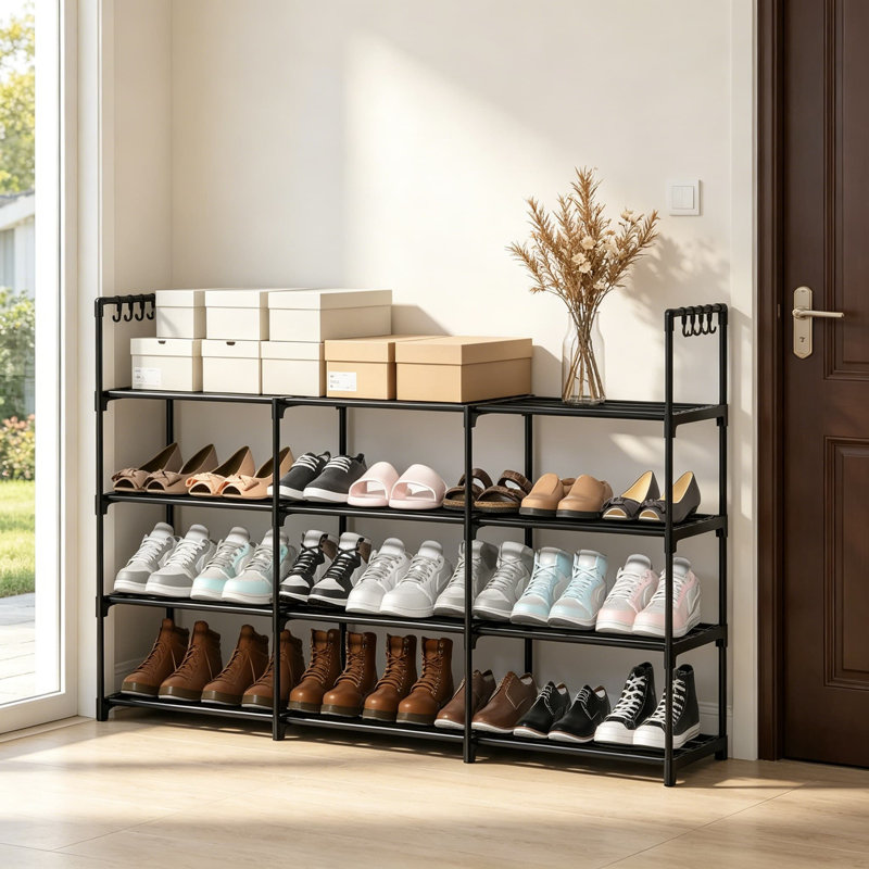 Range-chaussures 3 rangées à 4 niveaux, étagère à chaussures empilable en métal noir avec crochets multifonctionnels, range-chaussures peu encombrant pour garde-robe, vestibule et couloir, peut contenir 24 à 30 paires