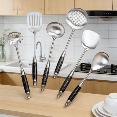 Professional 6-Piece Stainless Steel Kitchen Utensil Set With Ergonomic Wooden Handles - Wok Spatula, Ladle, Skimmer, Slotted Turner, Spaghetti Server