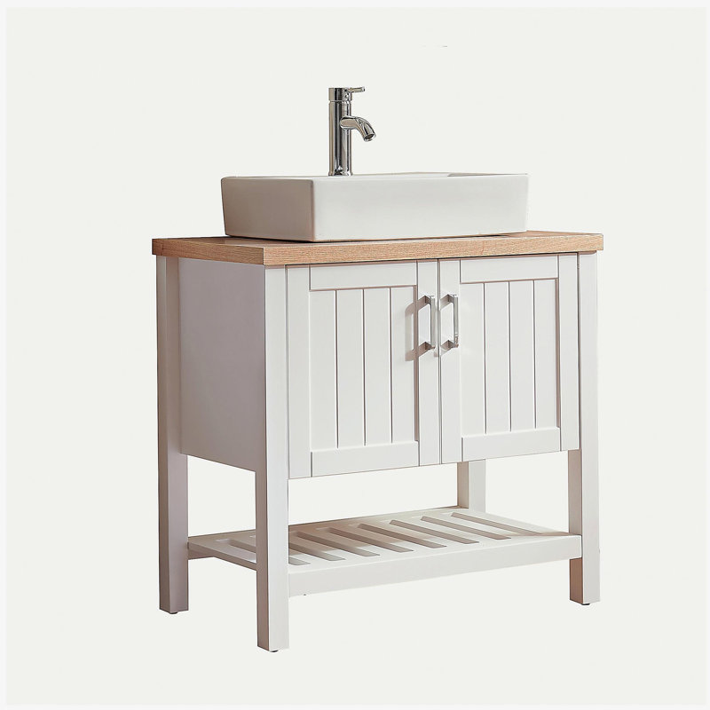 Meuble-lavabo 32 po avec lavabo, meuble-lavabo simple avec portes et tablette ouverte, petit meuble-lavabo en bois massif avec lavabo, blanc + naturel