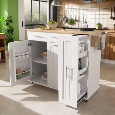 46" Kitchen Island With 3 Tier Pull Out Cabinet Organizer, Rolling Kitchen Cart With Drop Leaf, Kitchen Storage Cart With Towel Rack, 2 Drawers And