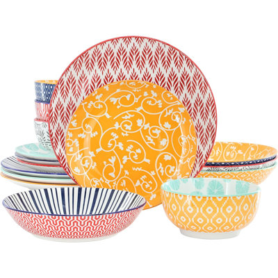 16-piece Porcelain Dinnerware Set With Double Bowls, Assorted Color Design
