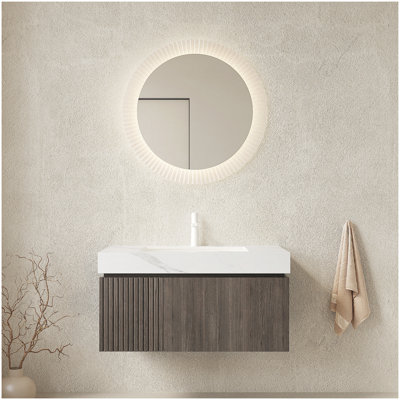 Meuble-lavabo flottant de 30 pouces avec comptoir en pierre frittée blanc Carrara, lavabo en céramique et armoire à grain de bois espresso pour salle de bain moderne