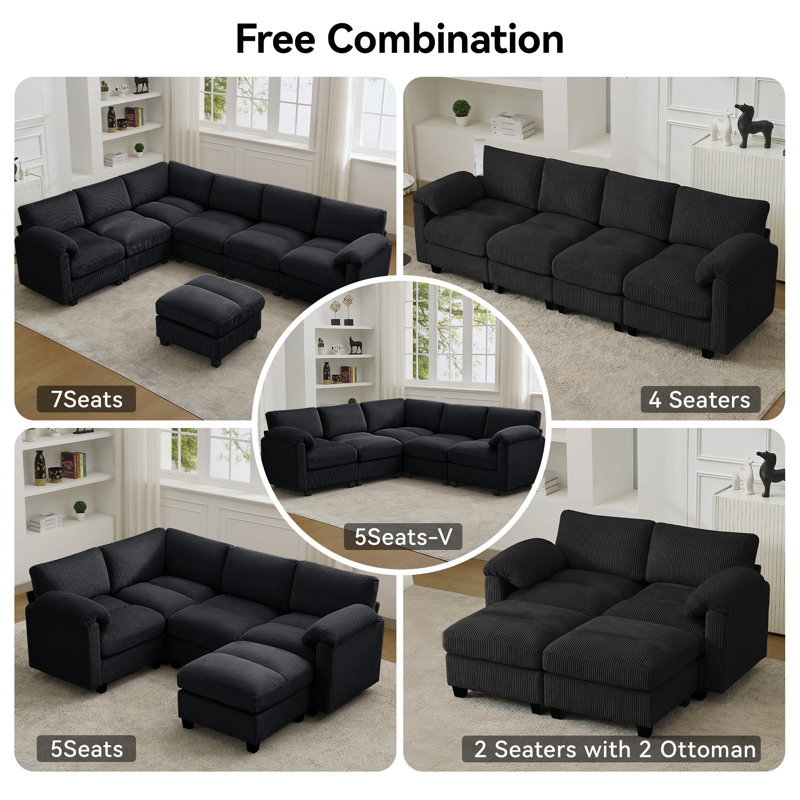 Causeuse modulaire de 61 po avec 2 repose-pieds, accoudoirs coussinés et coussins en velours côtelé, Noir