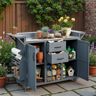 Outdoor Kitchen Island With Wheels, Stainless Steel Top, Spice Rack, Wine Rack, Drawers And Cabinets