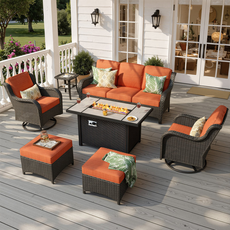 High Quality Pe Rattan Outdoor Sofa Seating 5 With Stove Table And Ottoman, Orange, Dark Gray