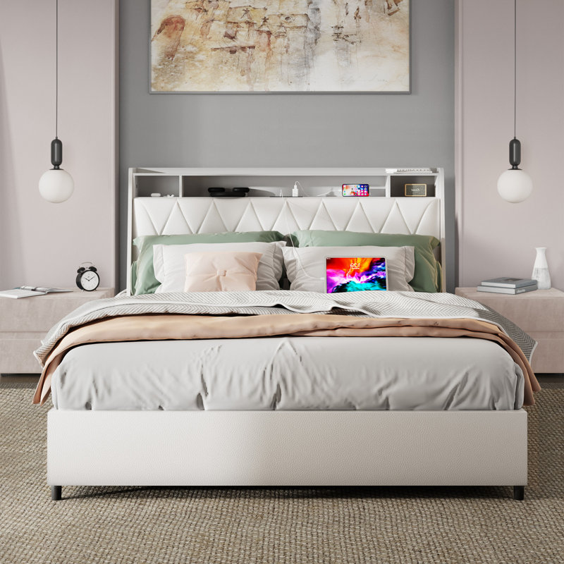 Bed Frame With Ergonomic Headboard, Full Platform Bed Frame With Outlets & Charger, Full Bed Frame With Storage Shelf, Bed Frame Full Size, Noise-Free