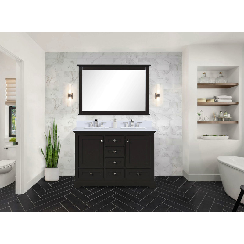 Double Bath Vanity 48 In. W X 22 In. D, With White Quartz Top, Brown