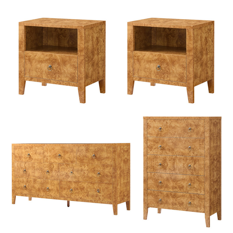 Ensemble de chambre à coucher 4 pièces avec 2 tables de chevet, commode 5 tiroirs et commode 7 tiroirs