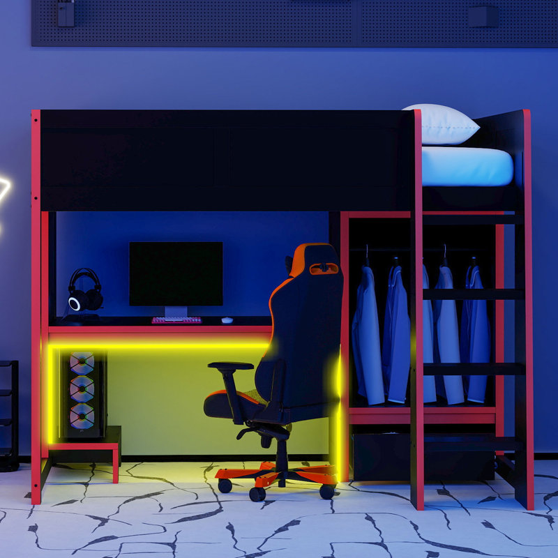 Loft Bed Of Gaming Design With Desk, Wardrobe, Led And A Drawer, Twin