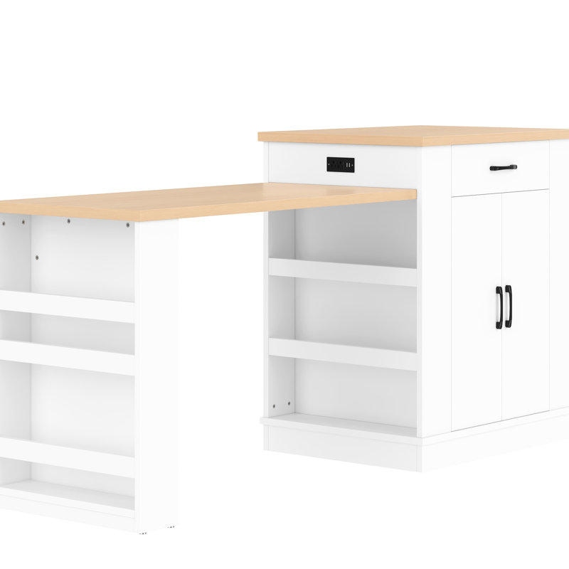 Îlot blanc polyvalent pour la préparation des aliments, l'efficacité du thé et de la cuisine: tiroirs, armoires à deux portes, tablettes ouvertes avec déjeuner, rangement