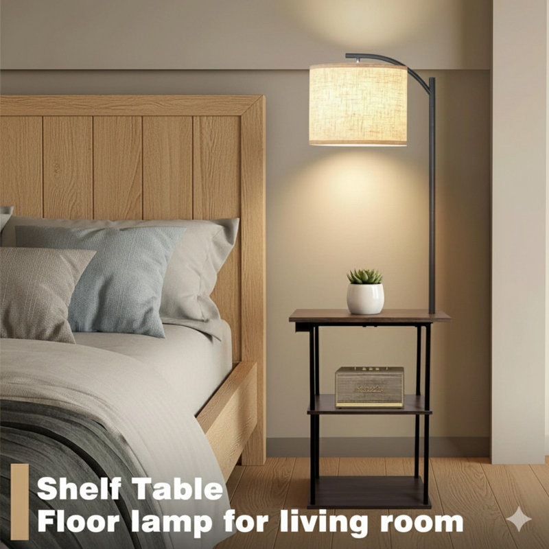 Floor Lamp With Table, End Tables With Charging Station(USB & Type-C & AC Port), 3 Color Temperatures 9W LED Bulb, Modern Shelves Side Table For Bedroom, Living Room