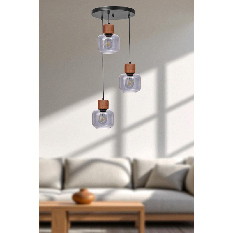 Lustre, 3 niveaux, Gris / chêne / noir, Trois lumières