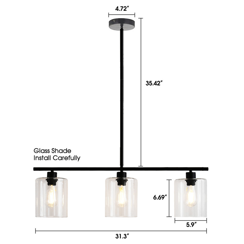 3-Light Dimmable Kitchen Island Modern Linear Chandelier with Clear Glass Shade, No
