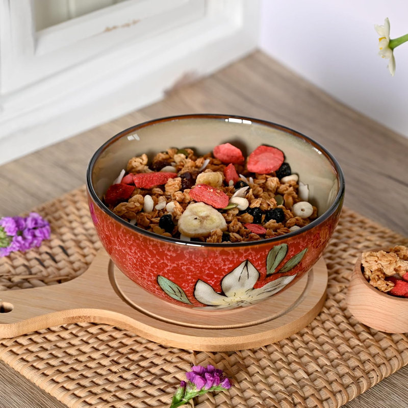 Ensemble de 6 bols en céramique avec motif floral - bols en grès de 6 pouces pour céréales, soupes, salades, desserts, micro-ondes et lave-vaisselle