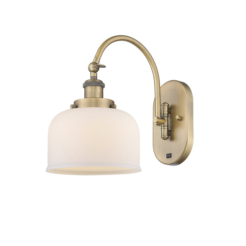Shauna 8" W Metal 1-Light Swing Arm Sconce with Bell Glass Shade , Matte White, Incandescent, Brushed Brass