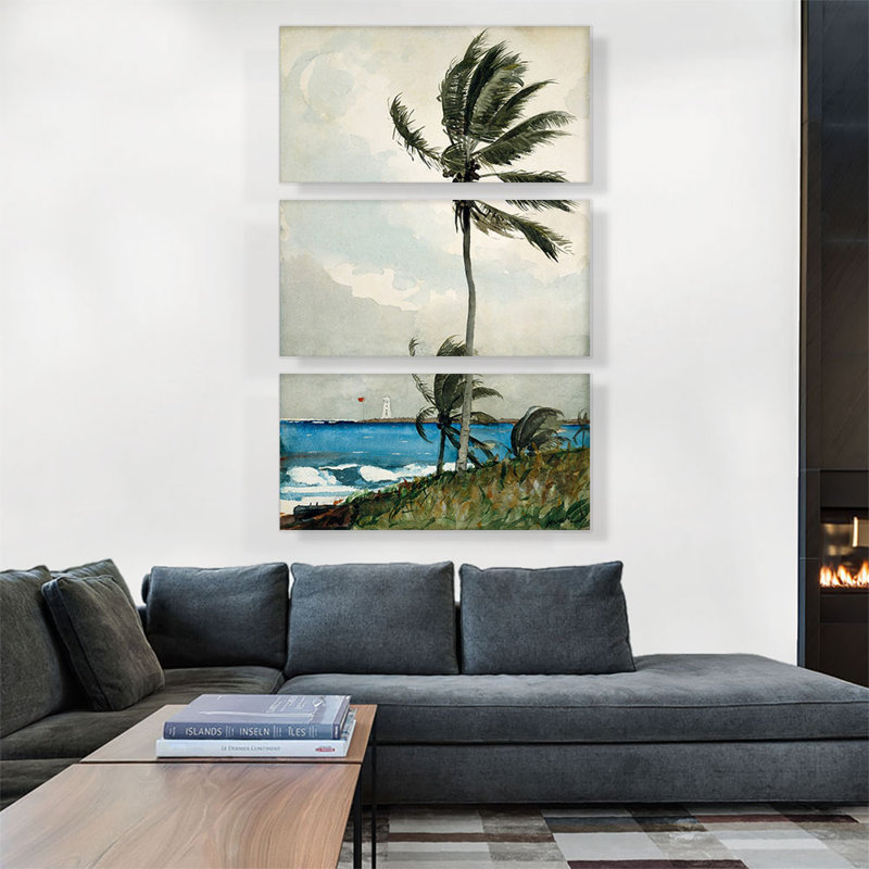 «Palm Tree Nassau 1898» par Winslow Homer - ensemble de 3 reproductions d'art sur toiles tendues, H 60 po x l 40po x P 1,5 po