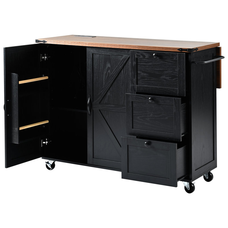 54.5" Farmhouse Kitchen Island With Drop Leaf, Built-In Power Outlet, Sliding Barn Doors With Internal Storage Racks, Spice Rack, Rolling Kitchen Cart On Wheels