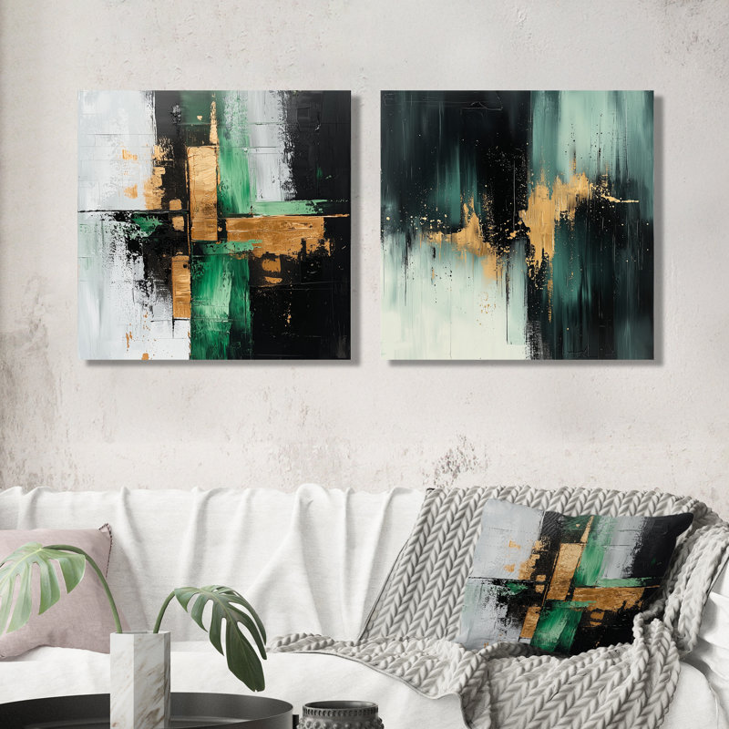 Encre verte et noire Expression I - formes murales abstraites - art mural moderne 2 pièces, H 36 po x l 73 po, Toile tendue