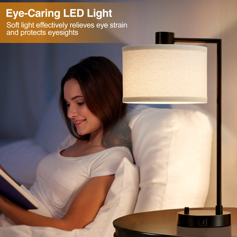 Black Iron Table Lamp Set with USB Ports and Linen Shades