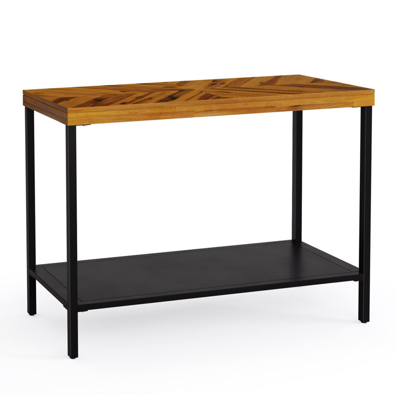 Console Vivian sans tiroir - brun doré rustique avec plateau en bois à chevrons et pieds en fer
