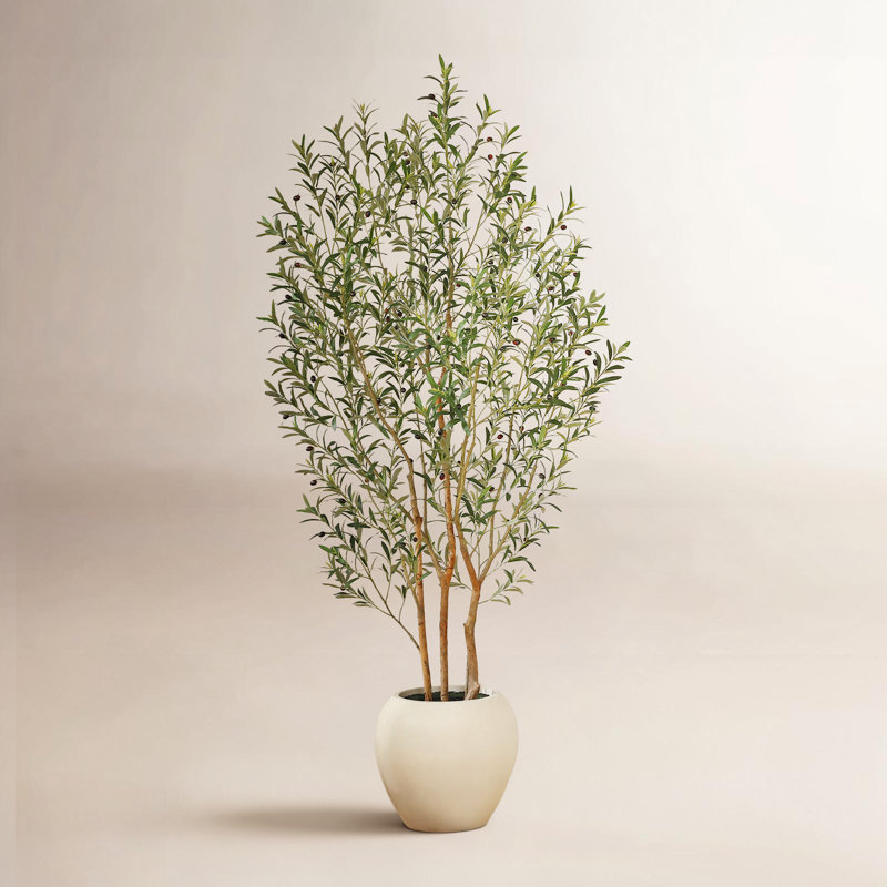 Olive artificielle de 8 pi avec grand pot de fleurs blanc George, faux olivier avec tronc naturel
