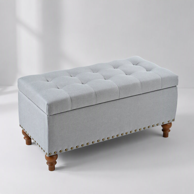 Banc coffre ottoman en lin avec charnière facile à ouvrir, garniture rivetée et utilisation polyvalente pour la chambre et le salon