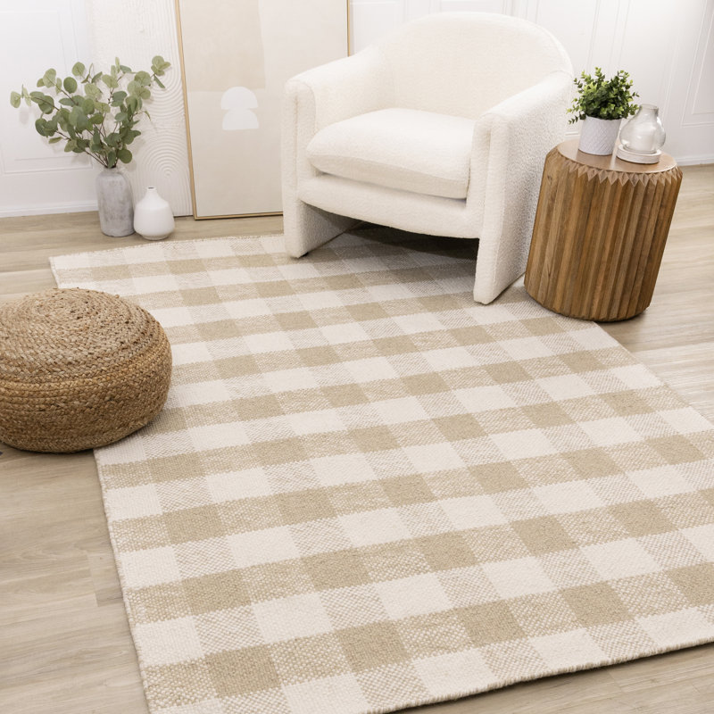 Tapis beige en laine à carreaux Concettino, Rectangle 5 pi 3 po x 7 pi 7 po