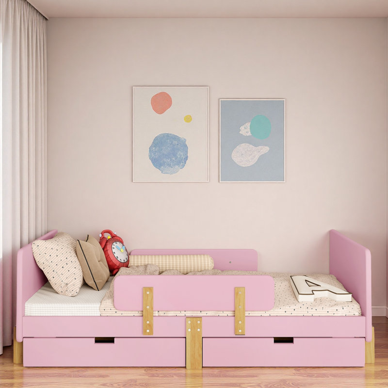 Lit plateforme avec tiroirs de rangement, garde-corps, petite tablette et crochets, Lit simple, Rose