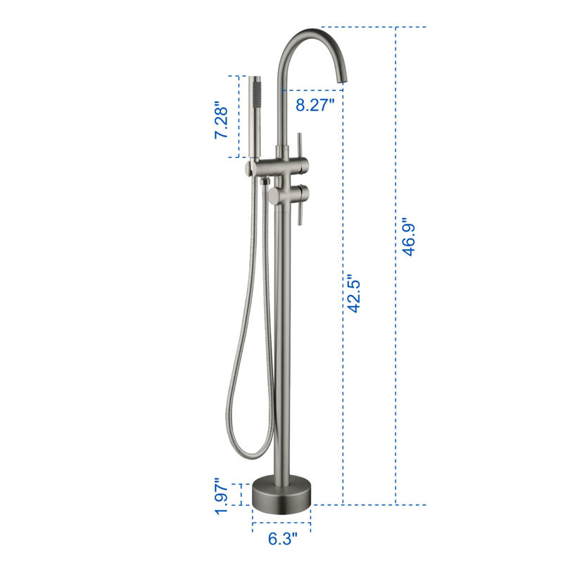 Double Handle Floor Mounted Freestanding Tub Filler With Handshower, Brushed Nickel
