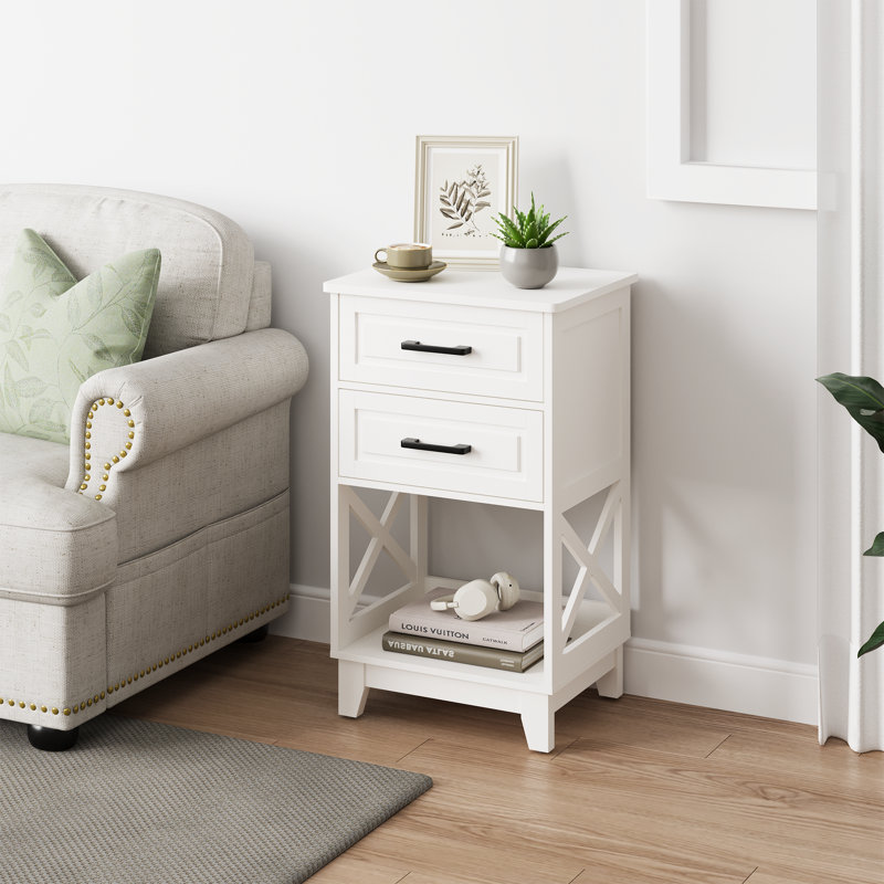 30" Tall Nightstand Modern Painted Wood Bedside Table With 2 Drawers And Open Shelf, White