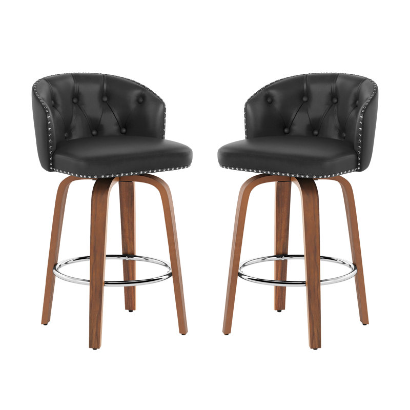 Tabouret de bar et de comptoir pivotant rembourré avec structure en bois (ensemble de 2), Noir / noyer , 2