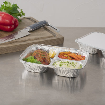 Restaurantware Disposable Aluminum Foil Tray 3-compartment - 100 Pack -Foil Lux Rectangular Dinner Tray Oven-Safe, Freezer-safe - Fil Meal Trays for Takeout, Catering, Leftovers