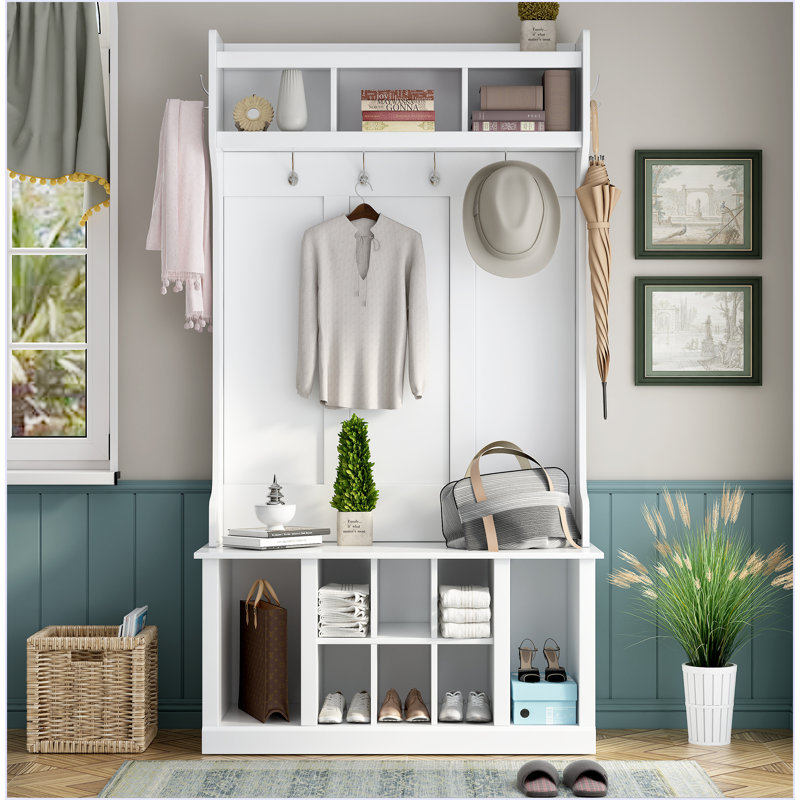 White Solid Wood Hall Tree with Storage and Hooks