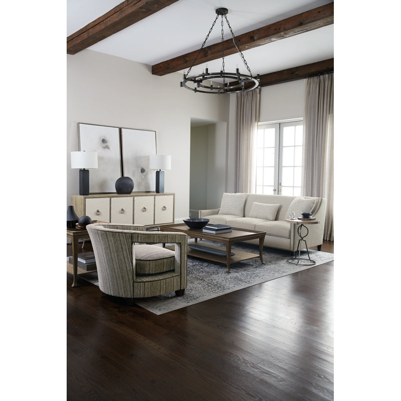 Alana 32.5'' Wide Swivel Barrel Chair, Bright Brass, Akiko Graphite Performance 5534-011