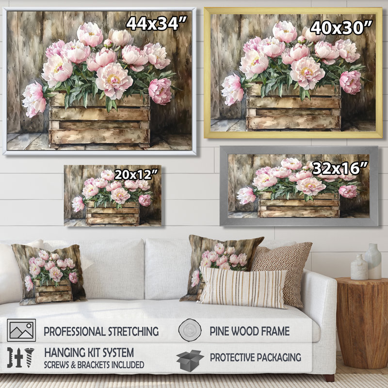 Pivoine campagnarde - Bouquet de pivoines, Reproduction encadrée d'une seule photo, H 30 po x l 40 po, Noir