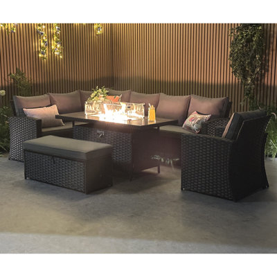 Rosen 9 Seater Corner Sofa Set With Fire-pit Dining Table With Storage Box And Armchair& Rain Cover