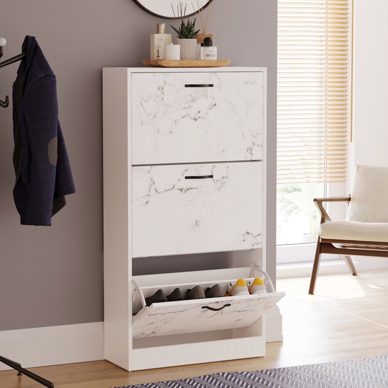 Drawer Flip Down Shoe Storage Free Standing Cabinet For Hallway, White Marble, 118" H x 60" W x 24" D