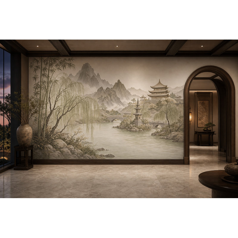 Papier peint paysage asiatique, montagnes brumeuses, pagode, temple, fresque murale, 180"x120", Non-Woven Nonpasted