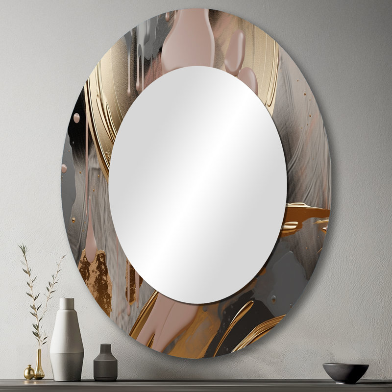 Abstract Golden And Pink Infinity Circles IV - Large Oval Wall Mirror On Metal, 43" x 33"