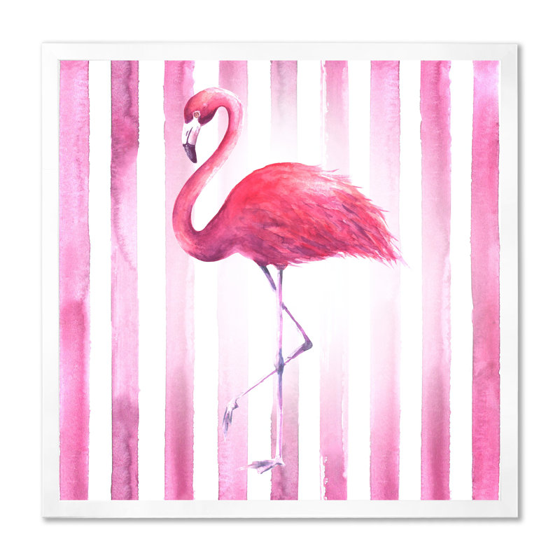 Flamant rose sur rayures roses - reproduction d'art sur toile traditionnelle, H 30 po x l 30 po x P 1 po, Cadre photo blanc