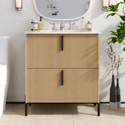 Meuble-lavabo de 30 po avec lavabo en céramique et tiroirs pleine extension, glissières de tiroir à fermeture en douceur, conception cannelée, naturel