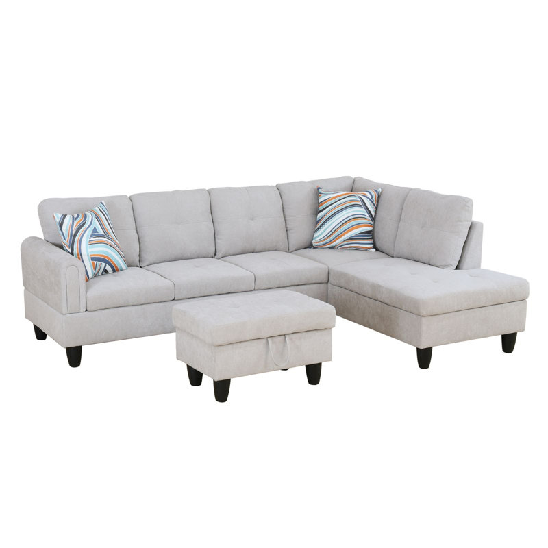 Tatman Upholstered L-Shaped Sectional, Right Hand Facing, Gray White Flannelette