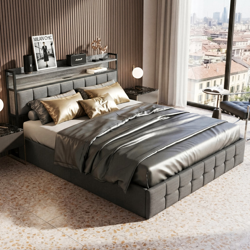 Modern Upholstered Ottoman Storage Bed With LED Headboard & USB-C Port, Industrial Bed Frame, European Double (140 x 200 cm)