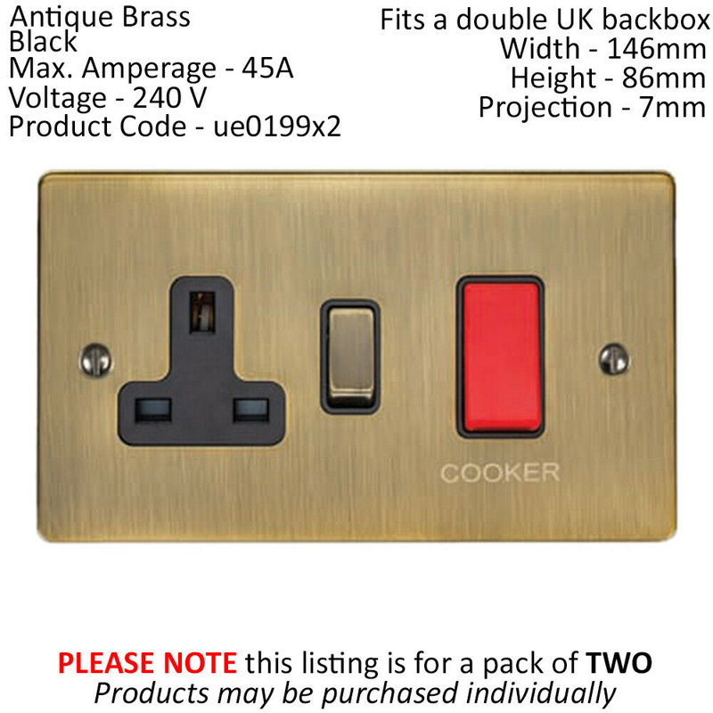 2 PACK 45A DP Oven Switch & Neon Appliance Light ANTIQUE BRASS & Black Trim, Antique Brass, Gold