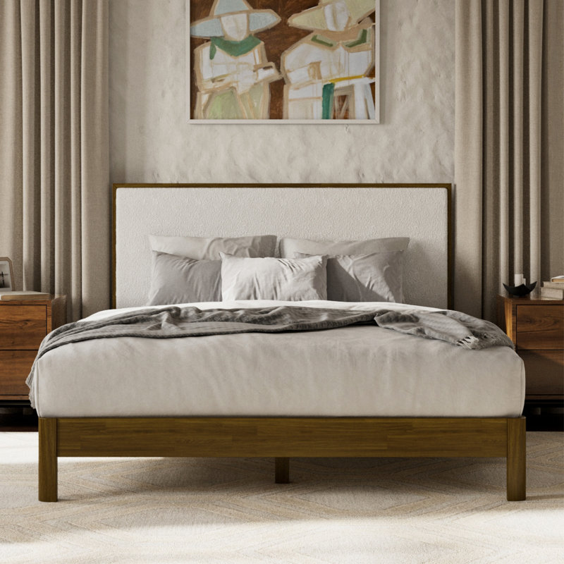 Luca solid wood boucle upholstered headboard bed frame, Lit double, Noyer