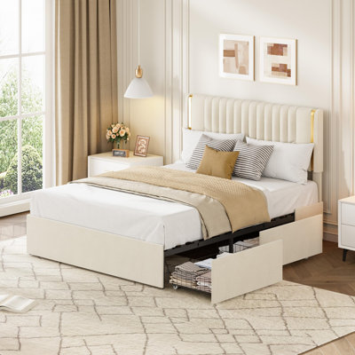 Contemporary Storage Bed Frame - Queen Size with 3-Level Adjustable Upholstered Headboard & 4 Underbed Drawers - Vertical Tufted Platform, Sturdy Slats, No Box Spring
