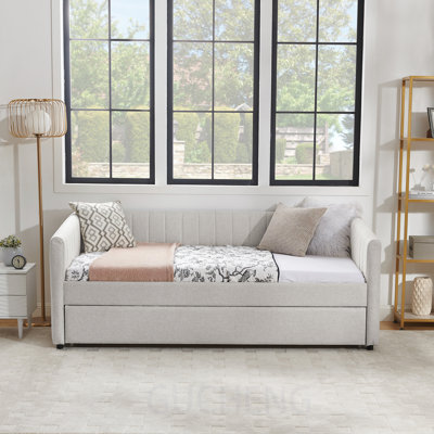 Daybed with Trundle, Upholstered in Linen Fabric, Vertical Stripes for Modern Comfort and Style by GUCHENG
