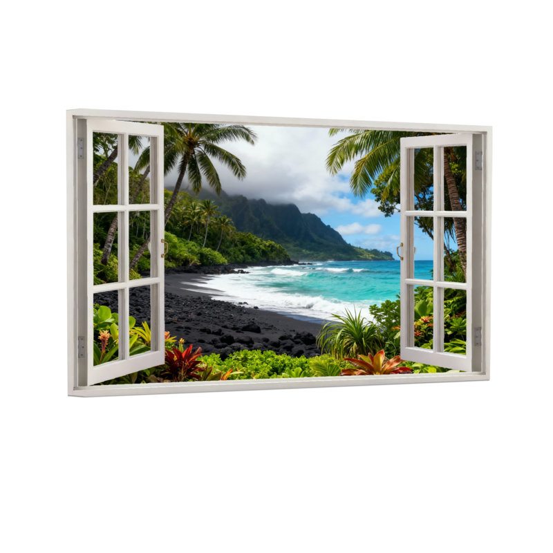 Paysage et nature vue sur la plage tropicale par une fenêtre ouverte, H 24 po x l 36 po