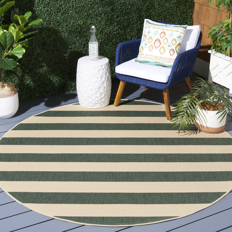 Tapis d'extérieur rayé beige / vert foncé Kempston, Rond 6 pi 7 po