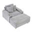 Grey corduroy single sofa with one pillow, two throw pillows, a footstool and two storage Spaces.